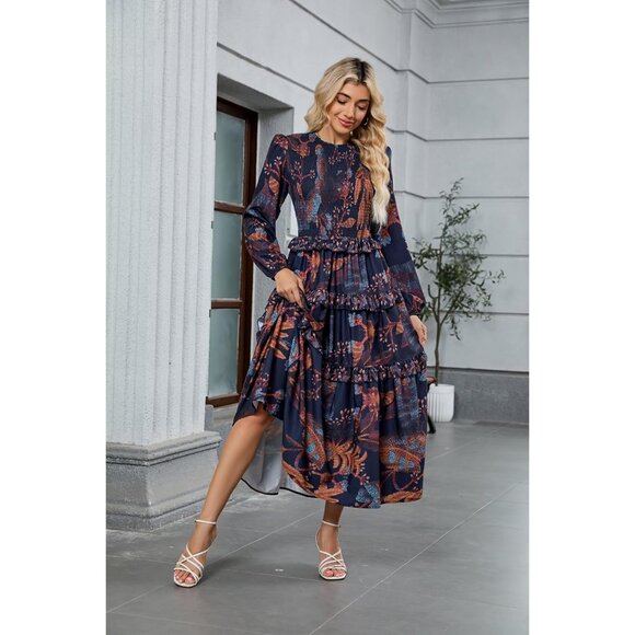 Navy Fall Floral Smocked Dress with Puff Sleeves - Perfect for Any Occasion - Picture 2 of 6